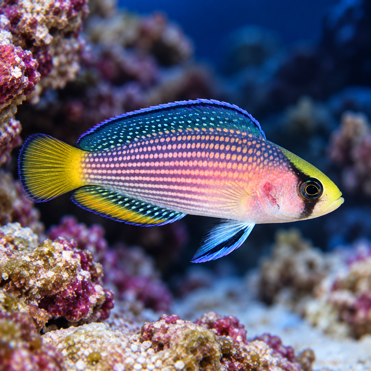 Barwna ryba rafowa wśród koralowców Manonichthys splendens PINK - obrazek 1